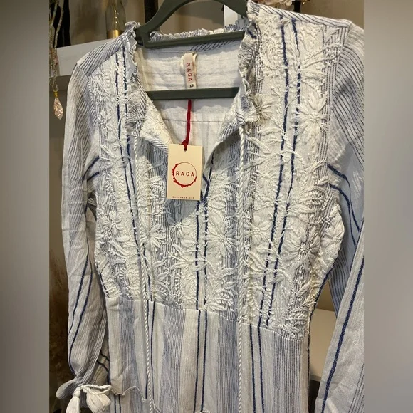 NWT RAGA Fleri White and Blue Striped Floral Embroidered Tie Long Sleeve Dress - Picture 4 of 13